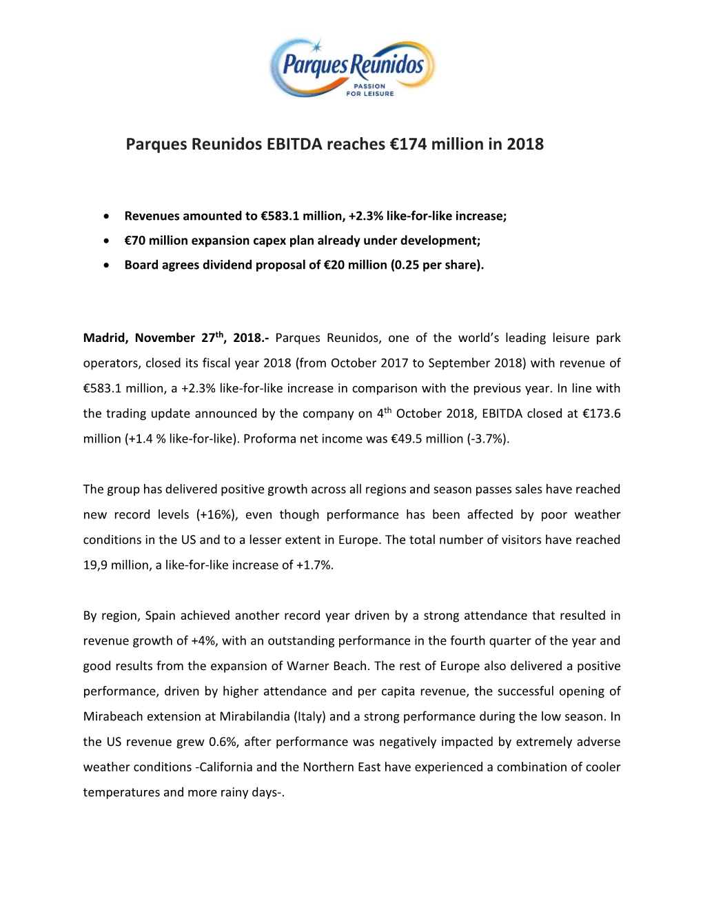 Parques Reunidos EBITDA Reaches €174 Million in 2018