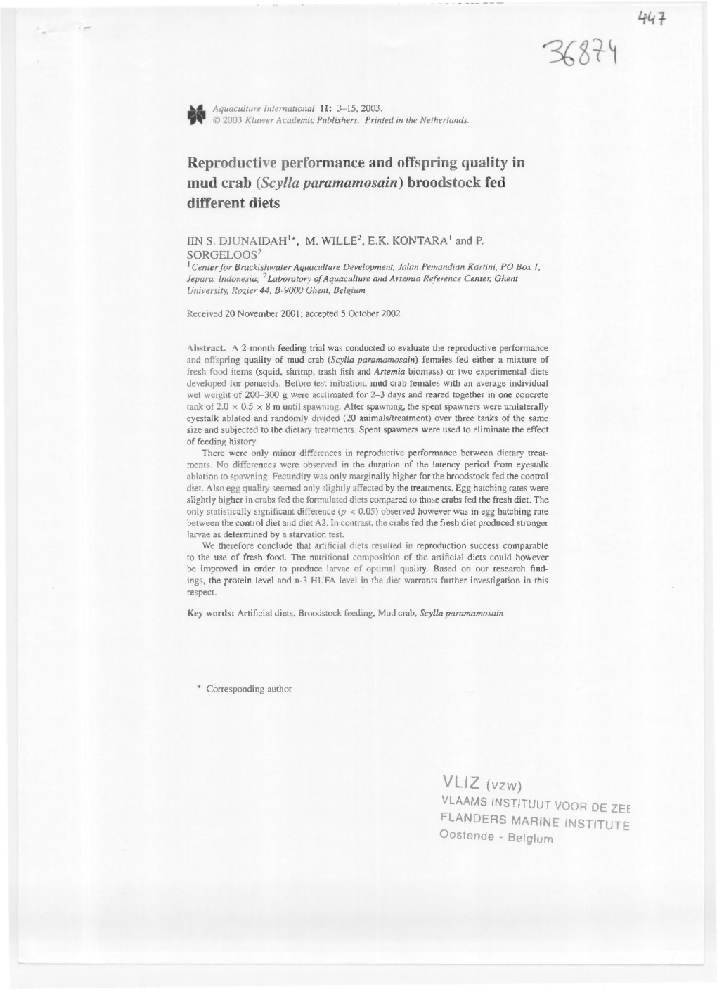 Reproductive Performance and Offspring Quality in Mud Crab (Scylla Paramamosain) Broodstock Fed Different Diets