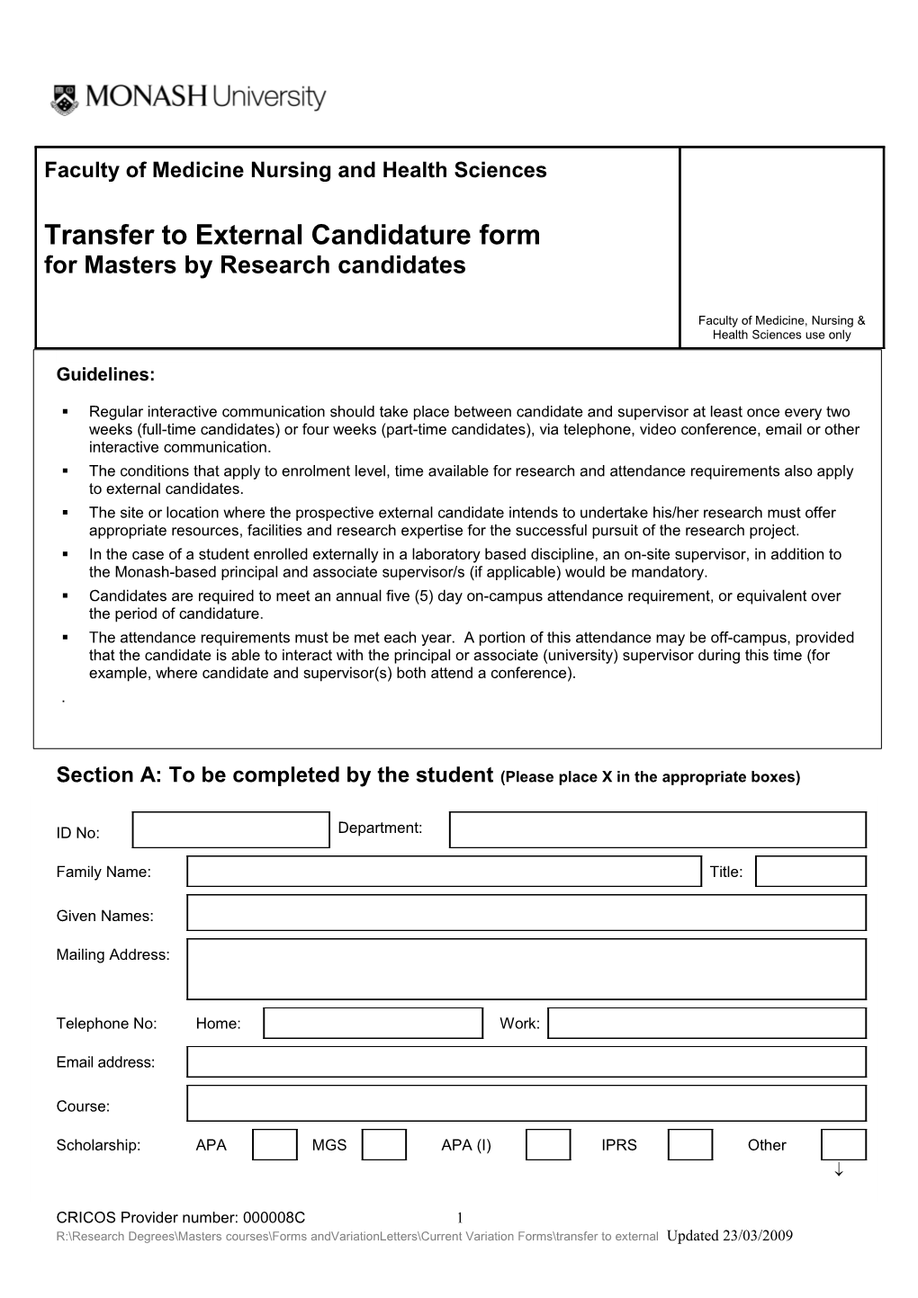 Application to Transfer to External Phd Candidature