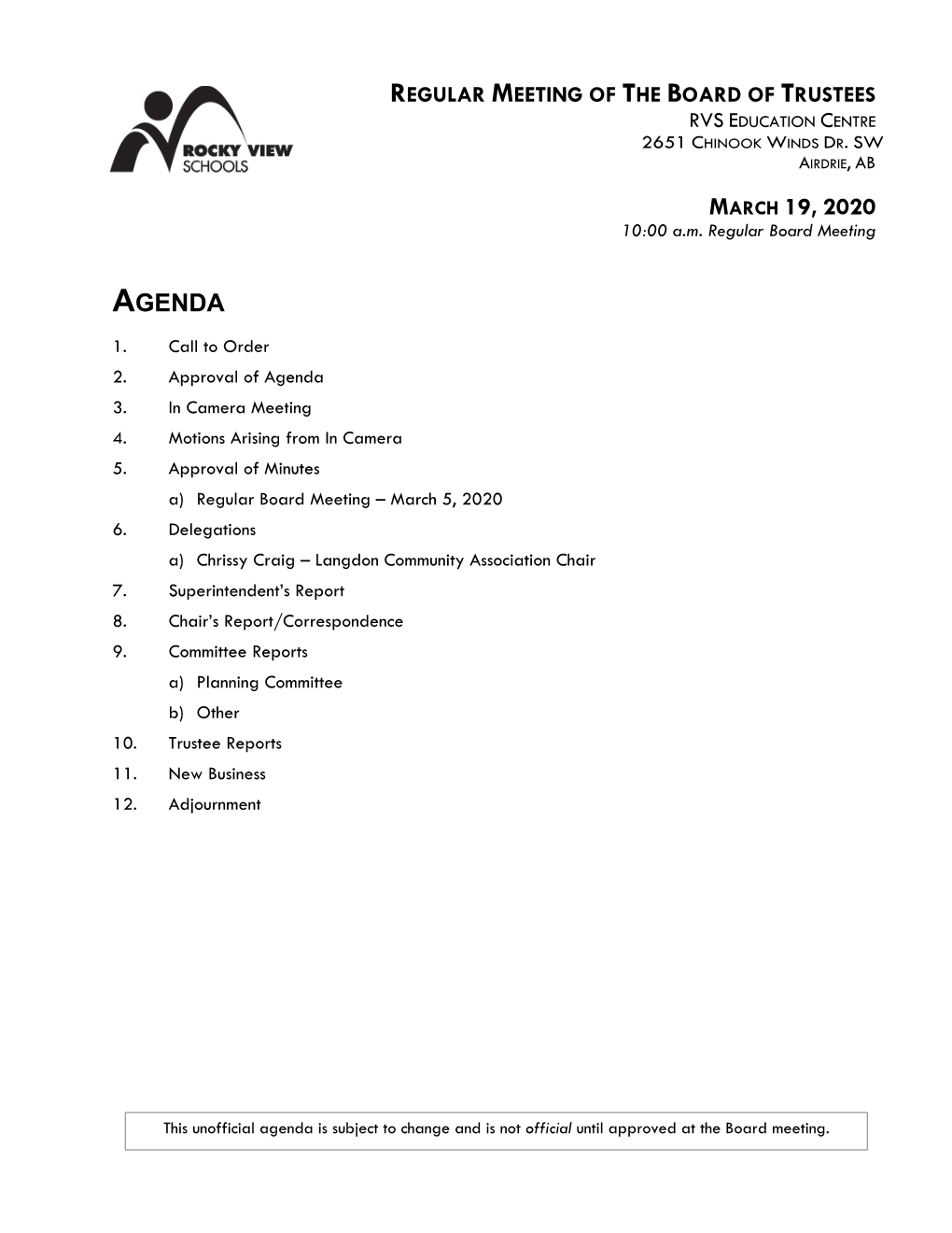 March 19, 2020 Agenda