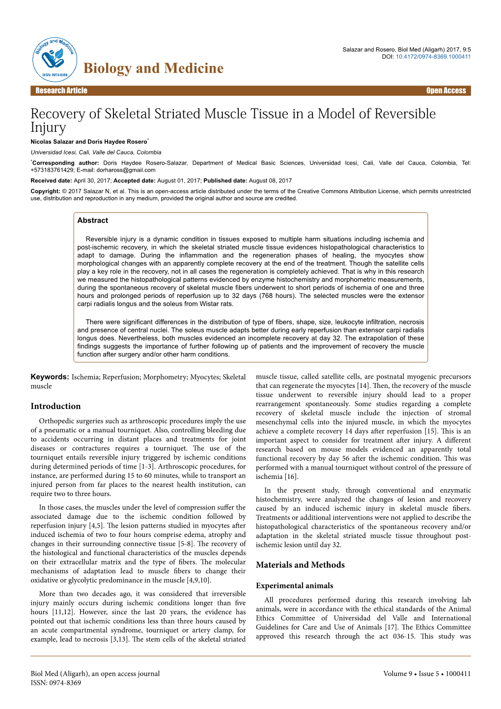 Recovery of Skeletal Striated Muscle Tissue in a Model of Reversible Injury