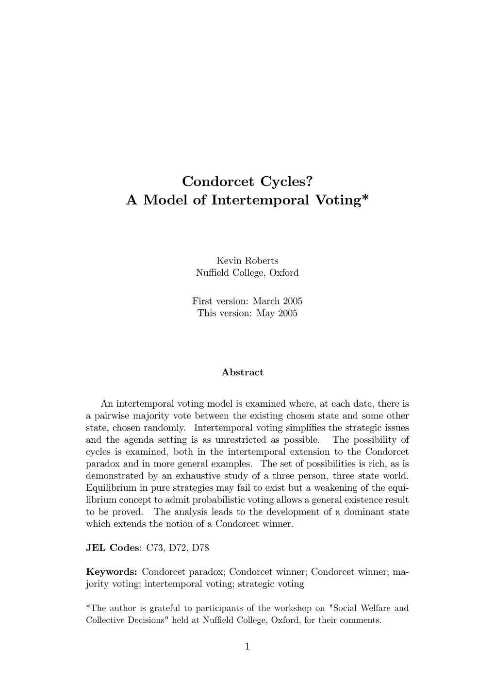 Condorcet Cycles? a Model of Intertemporal Voting*