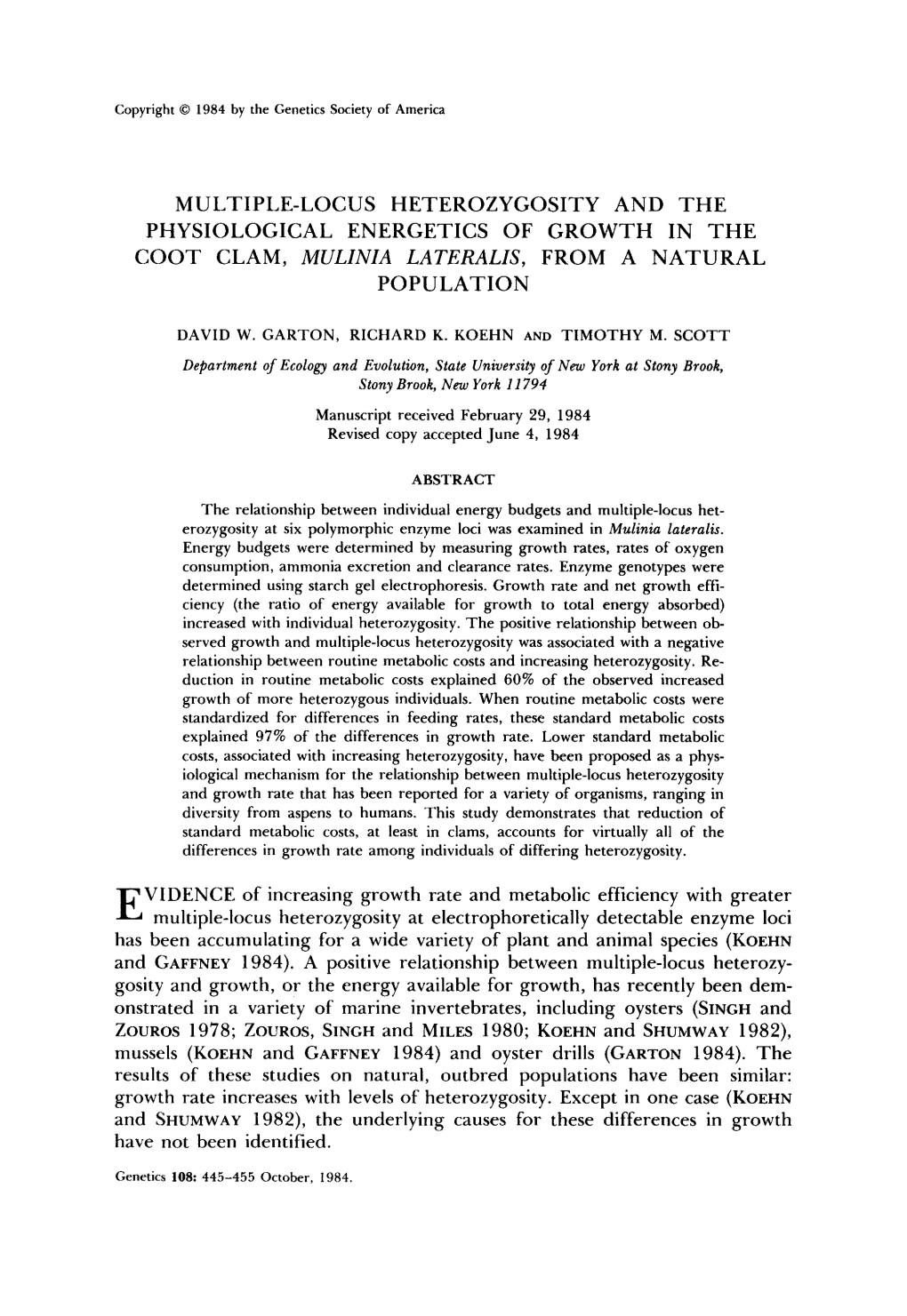 Multiple-Locus Heterozygosity and the Physiological Energetics of Growth in the Coot Clam, Mulinia Lateralis, from a Natural Population