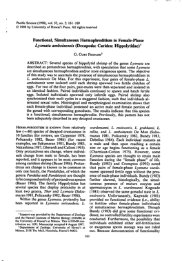 Functional, Simultaneous Hermaphroditism in Female-Phase Lysmata Amboinensis (Decapoda: Caridea: Hippolytidae) 1 G