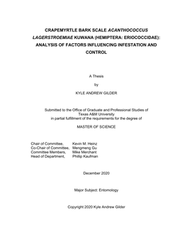 Crapemyrtle Bark Scale Acanthococcus Lagerstroemiae Kuwana (Hemiptera: Eriococcidae): Analysis of Factors Influencing Infestation and Control