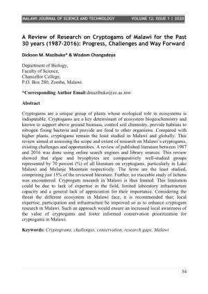 A Review of Research on Cryptogams of Malawi for the Past 30 Years (1987-2016): Progress, Challenges and Way Forward