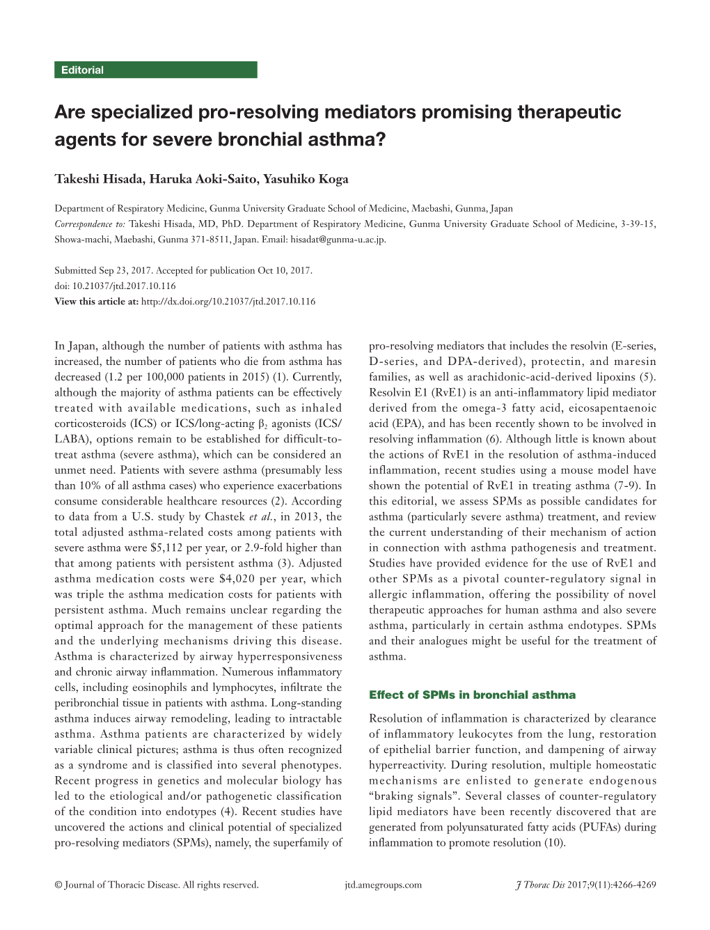 Are Specialized Pro-Resolving Mediators Promising Therapeutic Agents for Severe Bronchial Asthma?