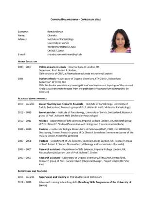 Surname: Ramakrishnan Name: Chandra Address: Institute of Parasitology University of Zurich Winterthurerstrasse 266A CH-8057 Zü