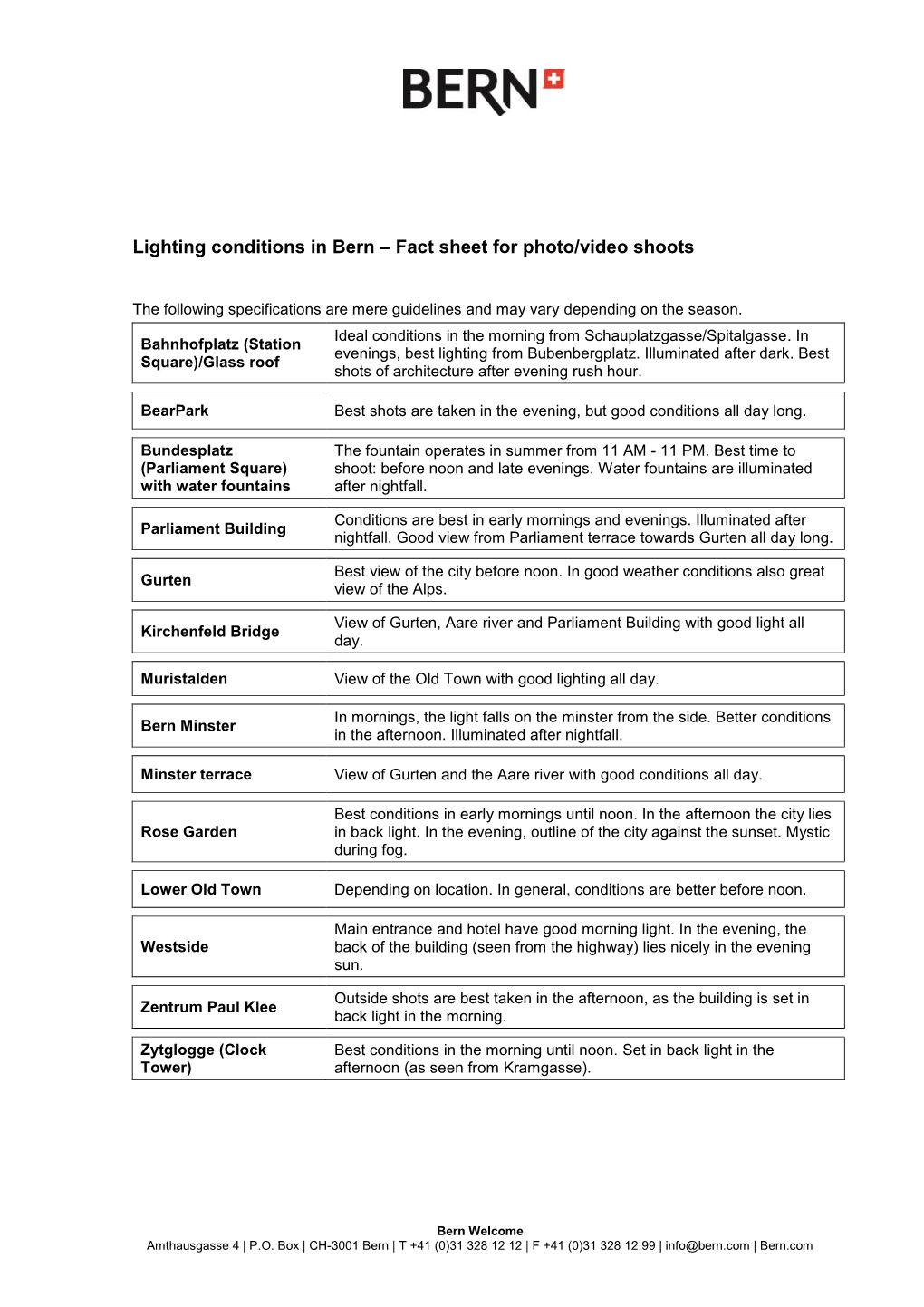 Lighting Conditions in Bern – Fact Sheet for Photo/Video Shoots