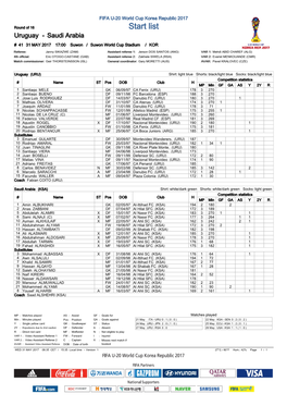 Round of 16 Start List Uruguay - Saudi Arabia # 41 31 MAY 2017 17:00 Suwon / Suwon World Cup Stadium / KOR