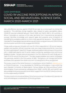 Data Synthesis: Covid-19 Vaccine Perceptions in Africa: Social and Behavioural Science Data, March 2020-March 2021