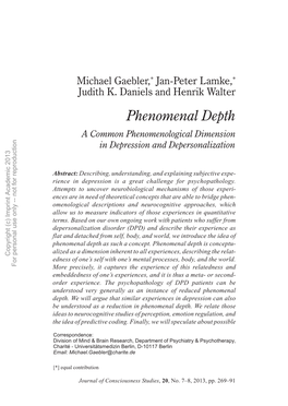 Phenomenal Depth a Common Phenomenological Dimension in Depression and Depersonalization