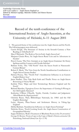 Record of the Tenth Conference of the International Society of Anglo-Saxonists, at the University of Helsinki, 6–11 August 2001