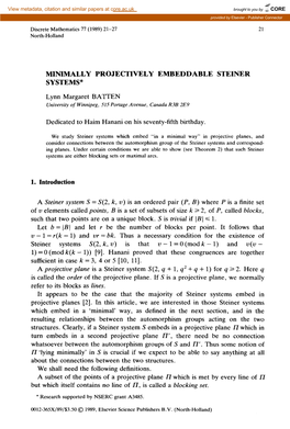 Minimally Projectively Embeddable Steiner Systems*