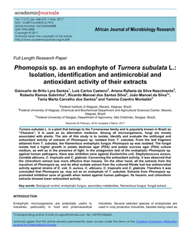 Phomopsis Sp. As an Endophyte of Turnera Subulata L.: Isolation, Identification and Antimicrobial and Antioxidant Activity of Their Extracts