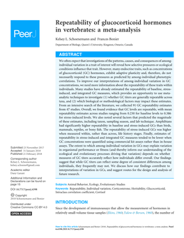 Repeatability of Glucocorticoid Hormones in Vertebrates: a Meta-Analysis