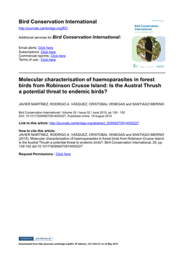 Bird Conservation International Molecular Characterisation of Haemoparasites in Forest Birds from Robinson Crusoe Island: Is