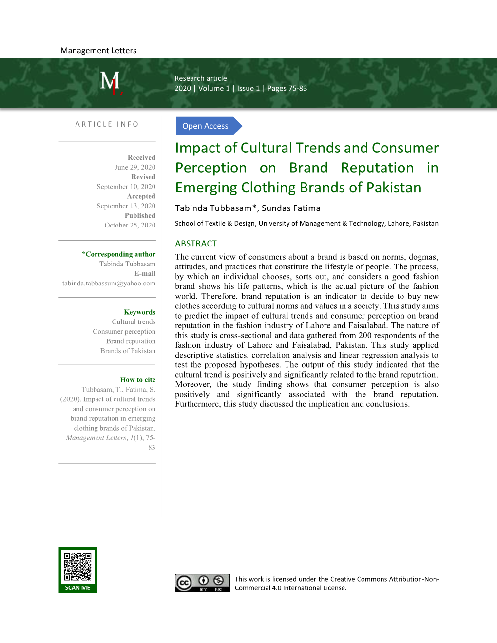 Impact of Cultural Trends and Consumer Perception on Brand Cultural Trends Reputation in the Fashion Industry of Lahore and Faisalabad