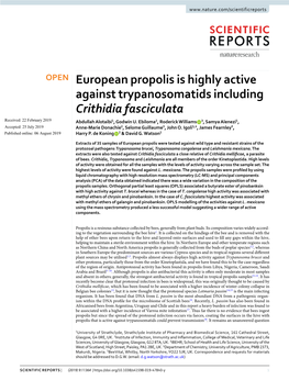 European Propolis Is Highly Active Against Trypanosomatids Including Crithidia Fasciculata Received: 22 February 2019 Abdullah Alotaibi1, Godwin U