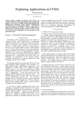 Exploring Applications in CUDA Michael Kubacki Computer Science and Engineering, University of South Florida