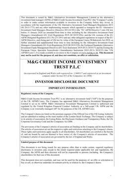 M&G Credit Income Investment Trust P.L.C