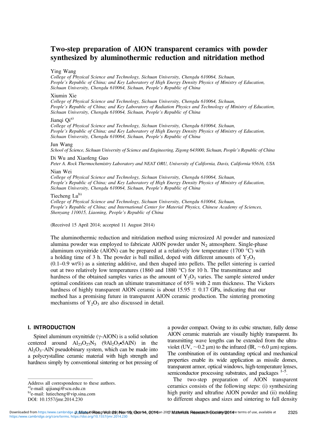 Two-Step Preparation of Alon Transparent Ceramics with Powder Synthesized by Aluminothermic Reduction and Nitridation Method