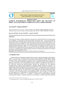 Research Article LITHIUM TETRABORATE PRODUCTION from the REACTION of BORIC ACID and LITHIUM CARBONATE USING CARBON DIOXIDE Ali Y