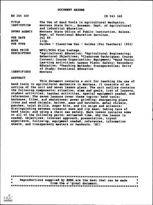 DOCUMENT RESUME CE 043 340 TITLE the Use of Hand Tools In