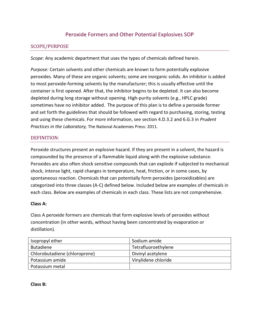 Peroxide Formers and Other Potential Explosives SOP