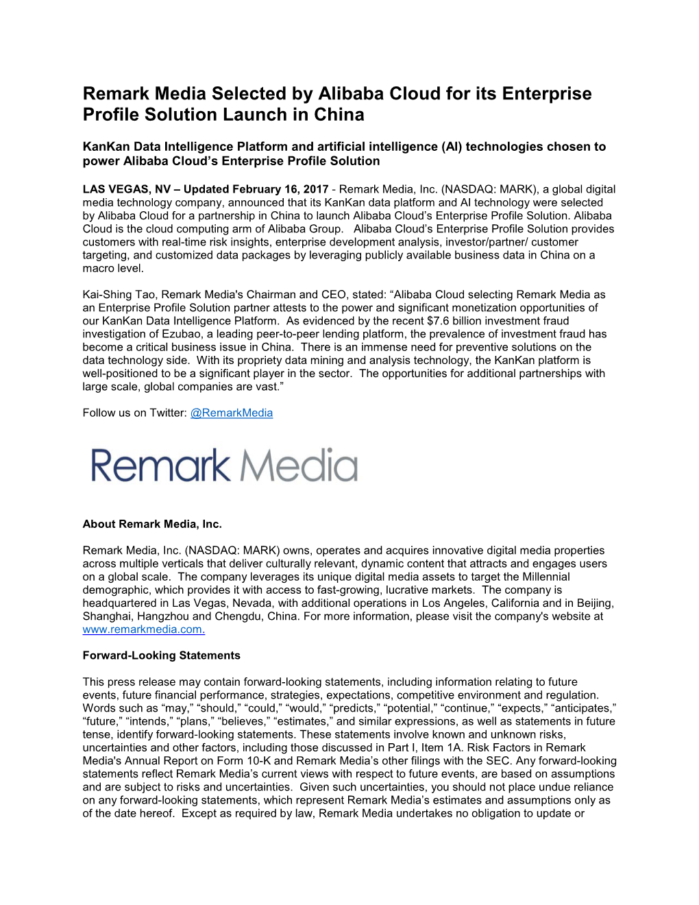 Remark Media Selected by Alibaba Cloud for Its Enterprise Profile Solution Launch in China