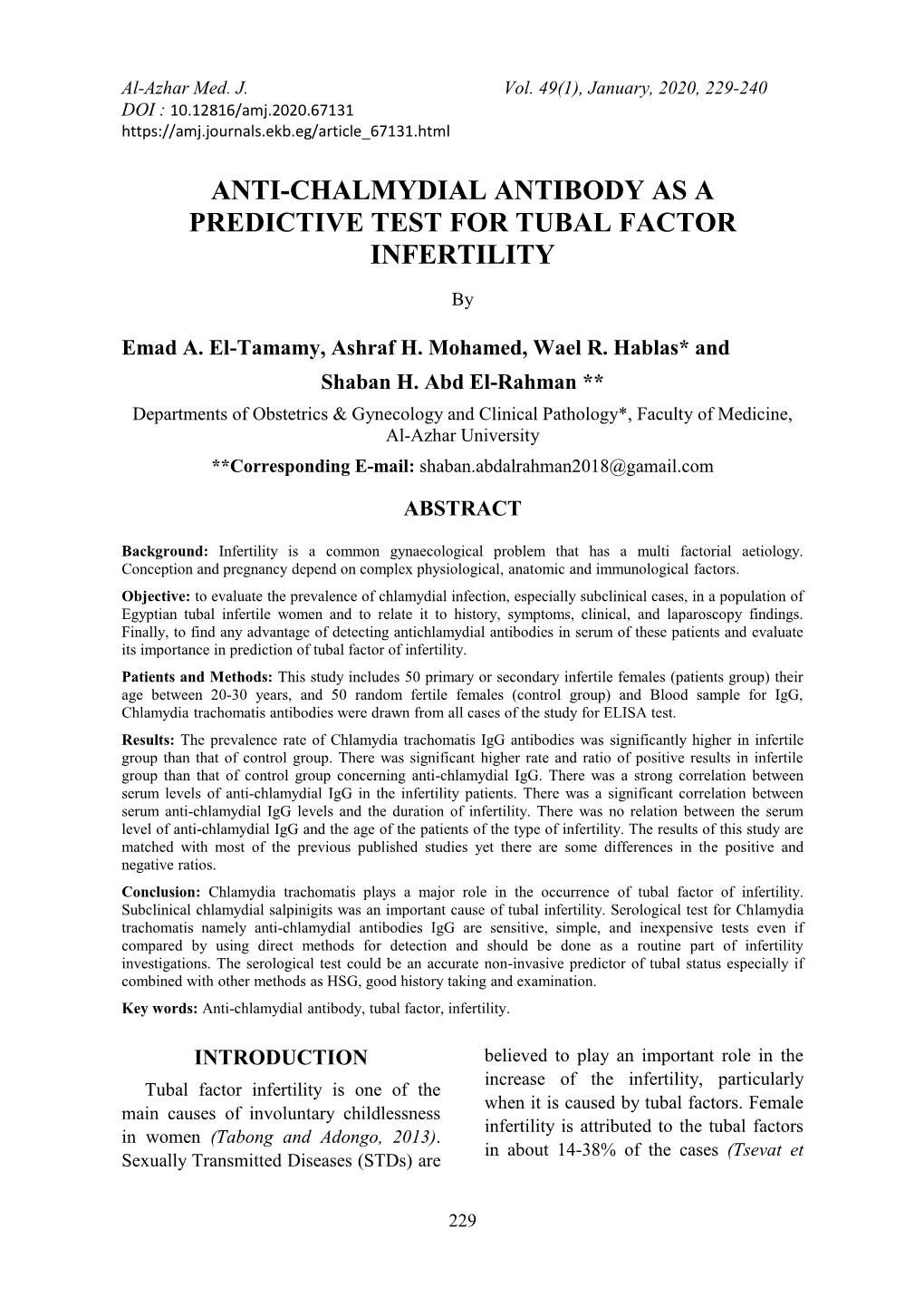 Anti-Chalmydial Antibody As a Predictive Test for Tubal Factor Infertility