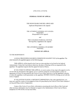 Notice of Appeal of a Decision of the Federal Court