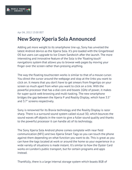 New Sony Xperia Sola Announced