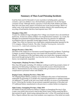 Summary of Mass Lead Poisoning Incidents