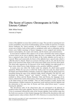 The Secret of Letters: Chronograms in Urdu Literary Culture1