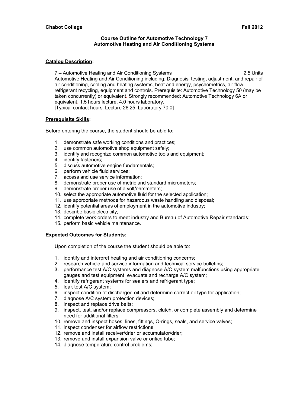 Course Outline for Automotive Technology 7, Page 3