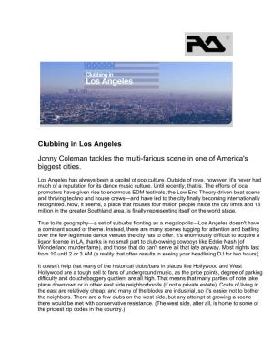 Clubbing in Los Angeles Jonny Coleman Tackles the Multi-Farious Scene in One of America's Biggest Cities