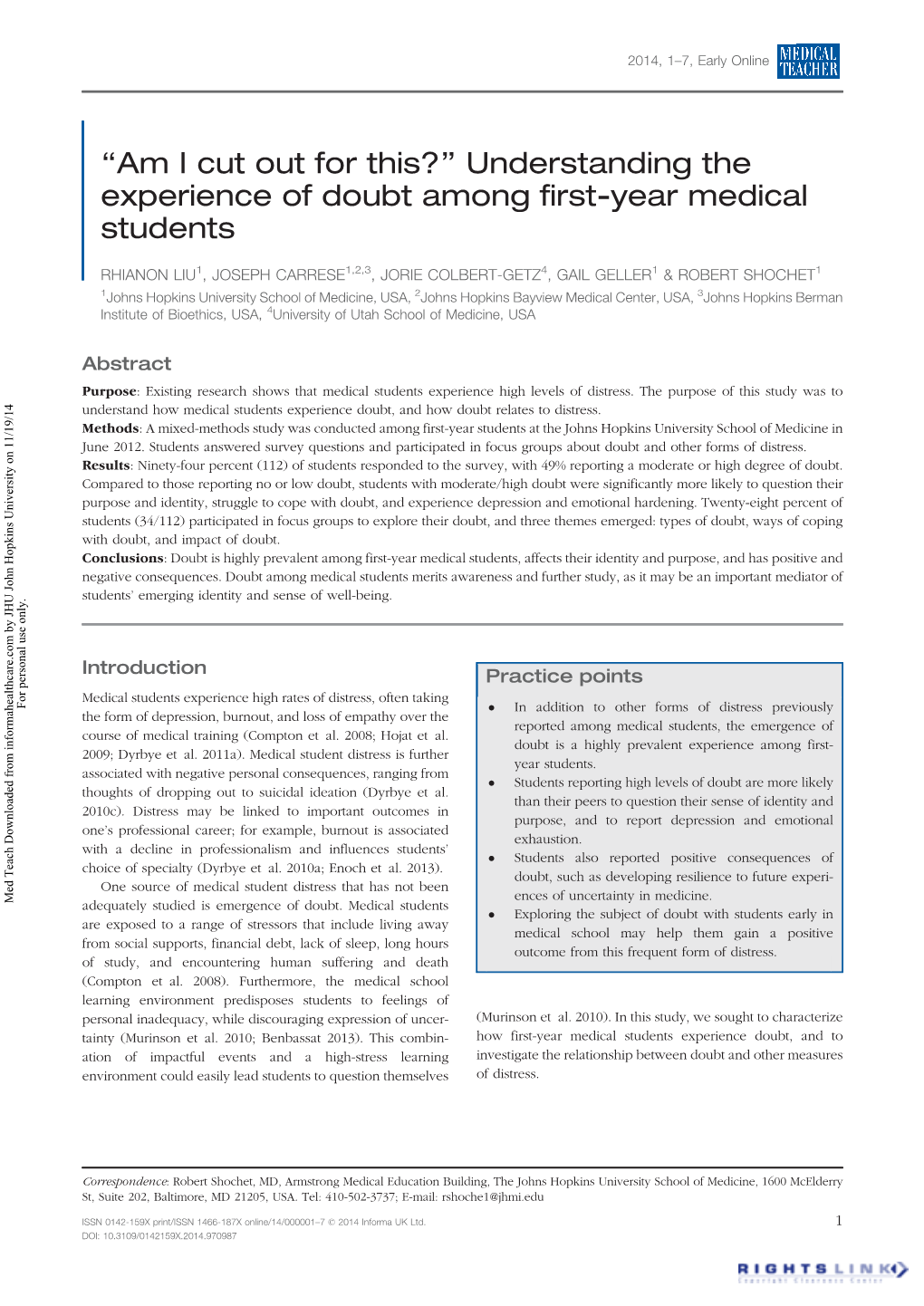 “Am I Cut out for This?” Understanding the Experience of Doubt Among First-Year Medical Students