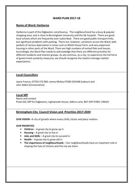 WARD PLAN 2017-18 Name of Ward: Harborne Local Councillors Local