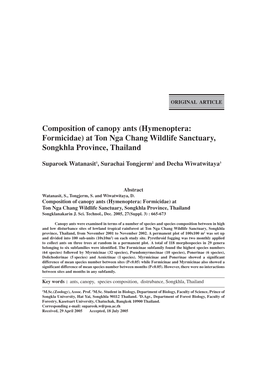 Composition of Canopy Ants (Hymenoptera: Formicidae) at Ton Nga Chang Wildlife Sanctuary, Songkhla Province, Thailand