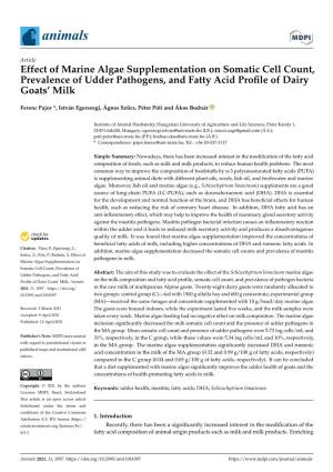 Effect of Marine Algae Supplementation on Somatic Cell Count, Prevalence of Udder Pathogens, and Fatty Acid Proﬁle of Dairy Goats’ Milk