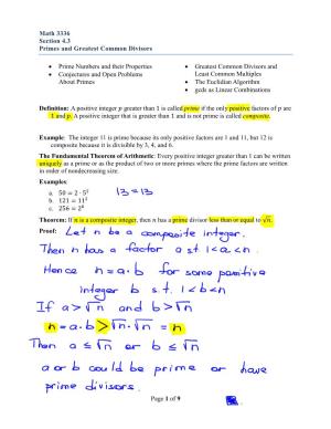 Of 9 Math 3336 Section 4.3 Primes and Greatest Common Divisors