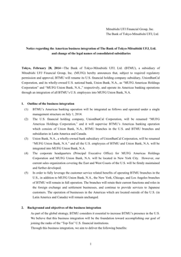 Notice Regarding the Americas Business Integration of the Bank of Tokyo-Mitsubishi UFJ, Ltd