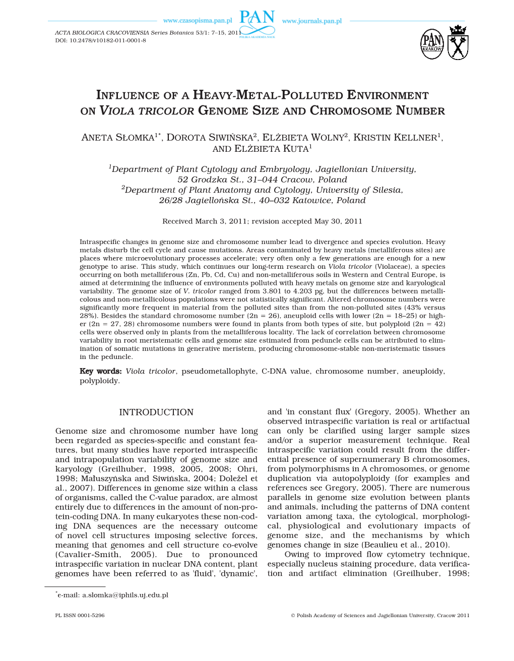 Influence of a Heavy-Metal-Polluted Environment on Viola Tricolor Genome Size and Chromosome Number