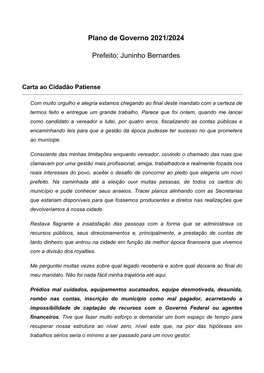 Plano De Governo 2021/2024 Prefeito: Juninho Bernardes