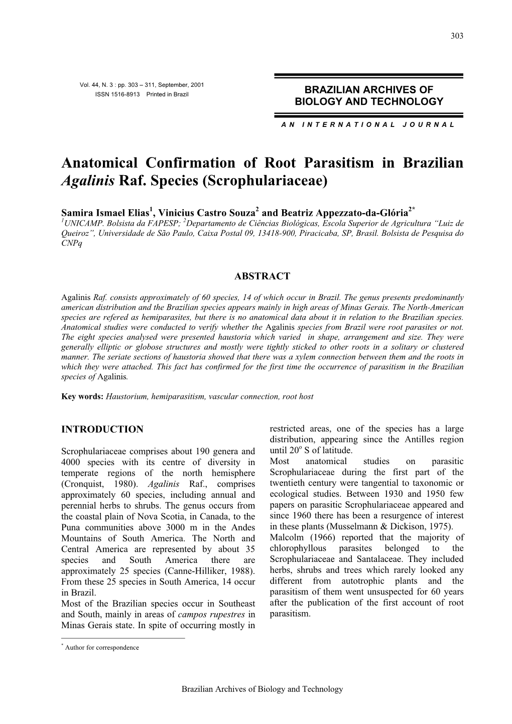 Anatomical Confirmation of Root Parasitism in Brazilian Agalinis Raf