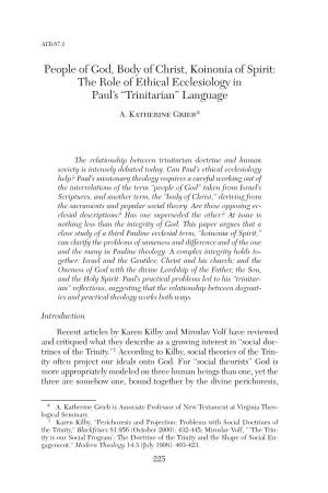 People of God, Body of Christ, Koinonia of Spirit: the Role of Ethical Ecclesiology in Paul’S “Trinitarian” Language