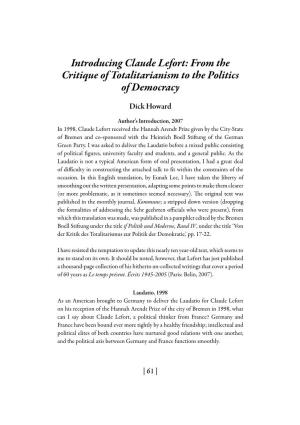 Introducing Claude Lefort: from the Critique of Totalitarianism to the Politics of Democracy