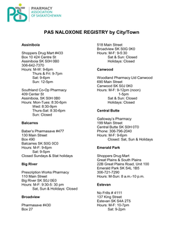 PAS NALOXONE REGISTRY by City/Town