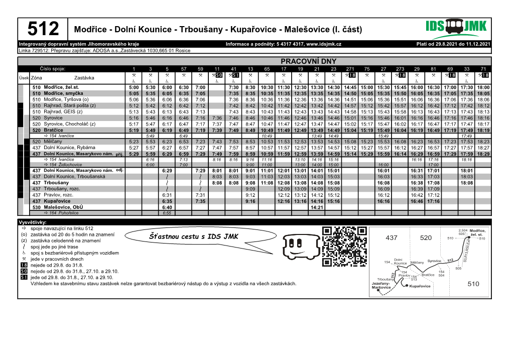 512 Modřice - Dolní Kounice - Trboušany - Kupařovice - Malešovice (I